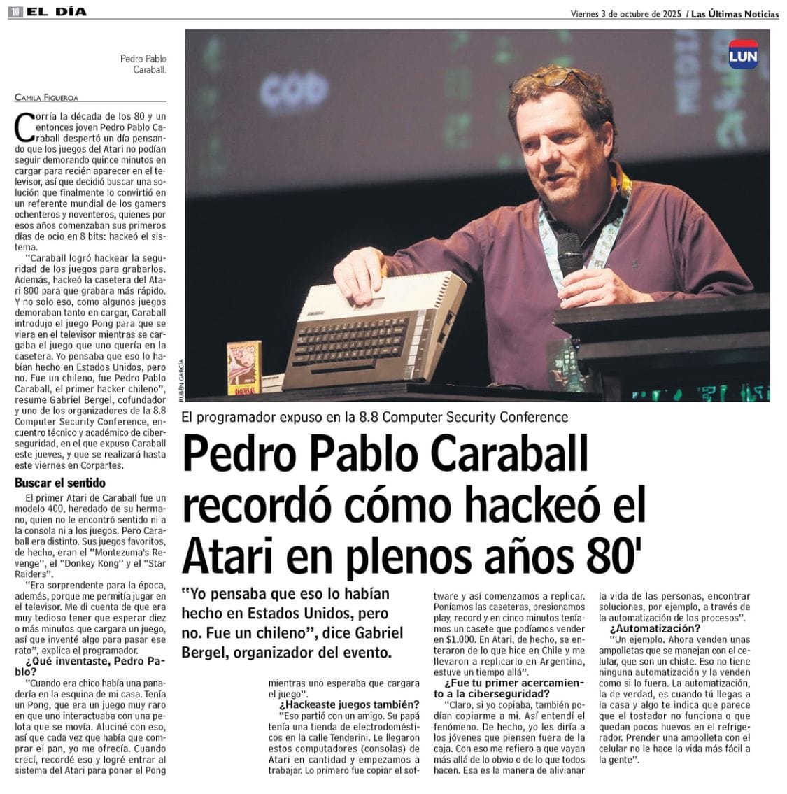 Historical press clipping documenting Pedro Caraball's early technology work